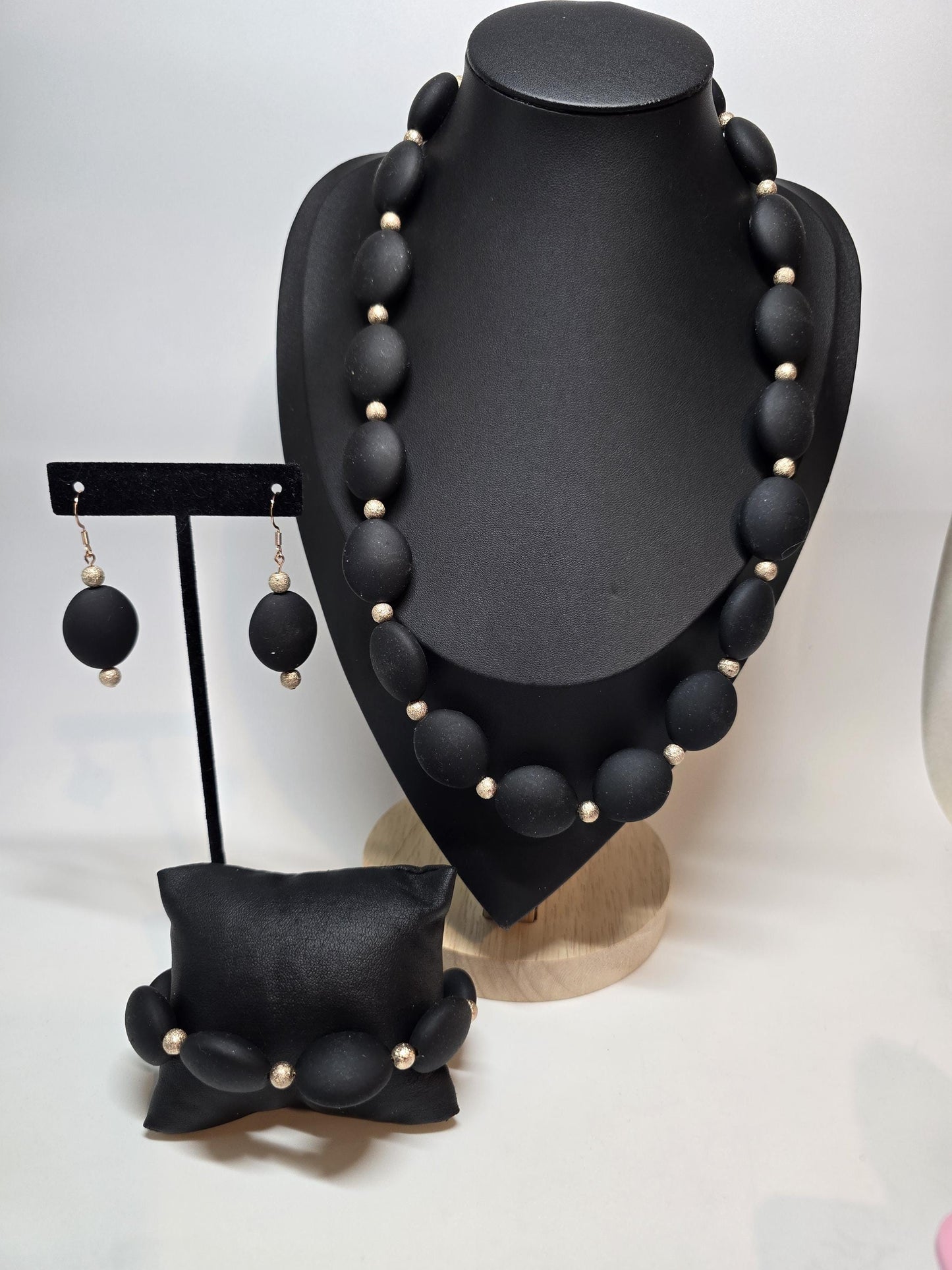 Matte Black Beaded Jewelry Set, Gold Accent, Statement Necklace, Bracelet & Earrings