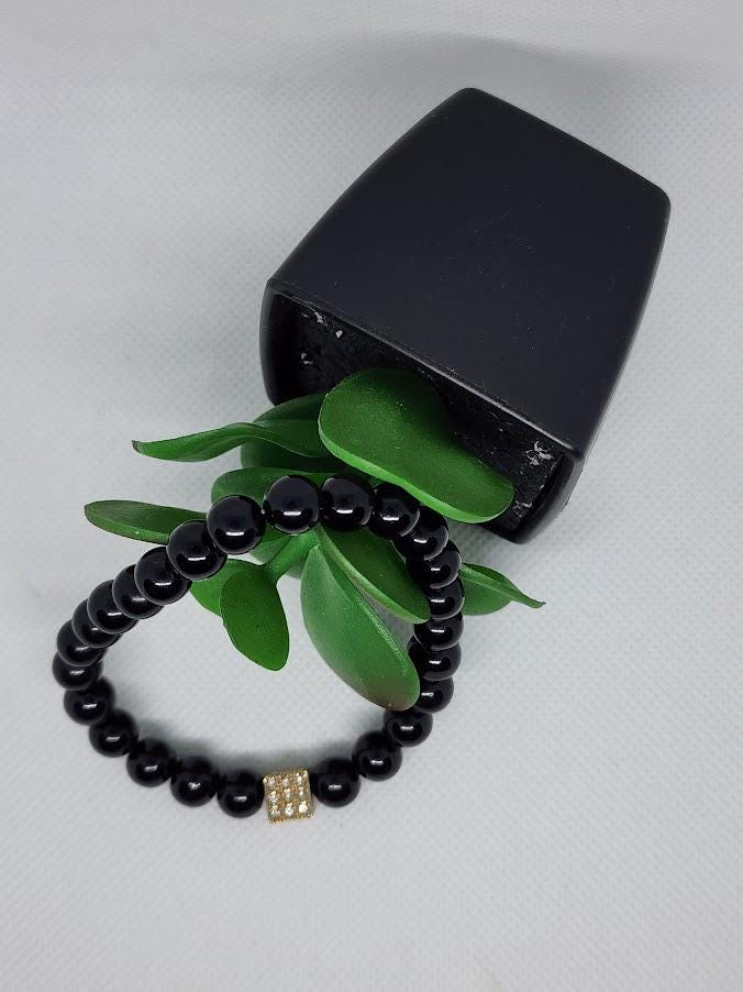 Black Beaded Stretch Bracelet | Gold Rhinestone Accent