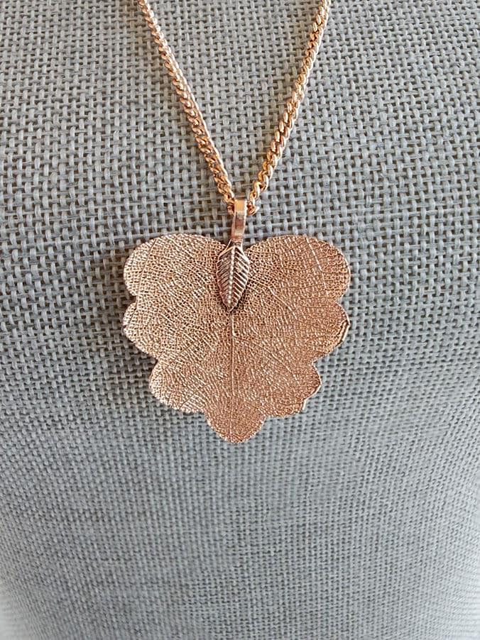 Rose Gold Leaf Pendant Necklace | 24 Inch Chain, Nature Inspired