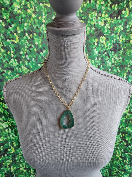 Green Resin Geode Pendant Necklace | Gold-Tone Chain, Statement Jewelry