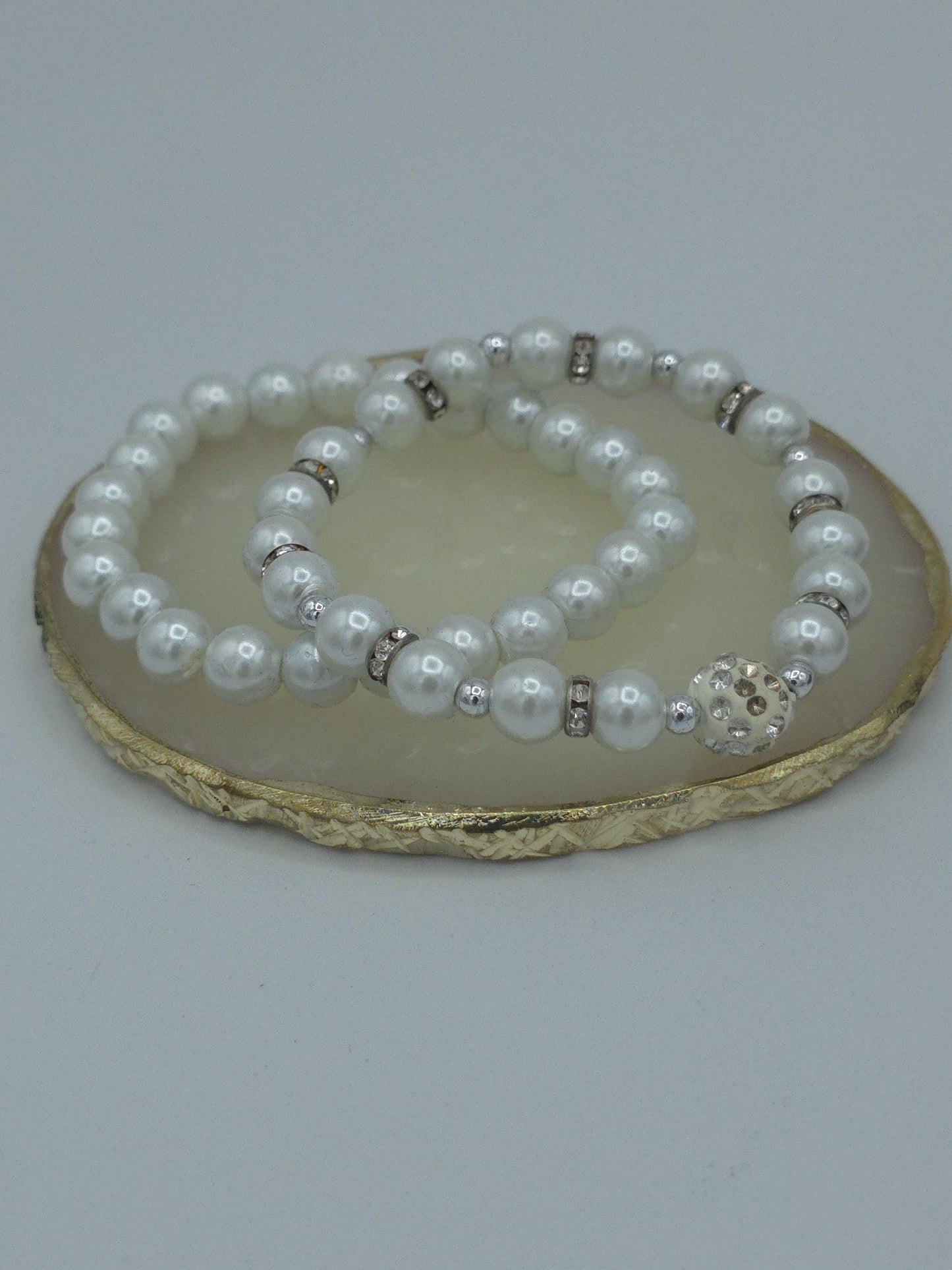 Handmade White Pearl Double Strand Bracelet | Rhinestone Spacers