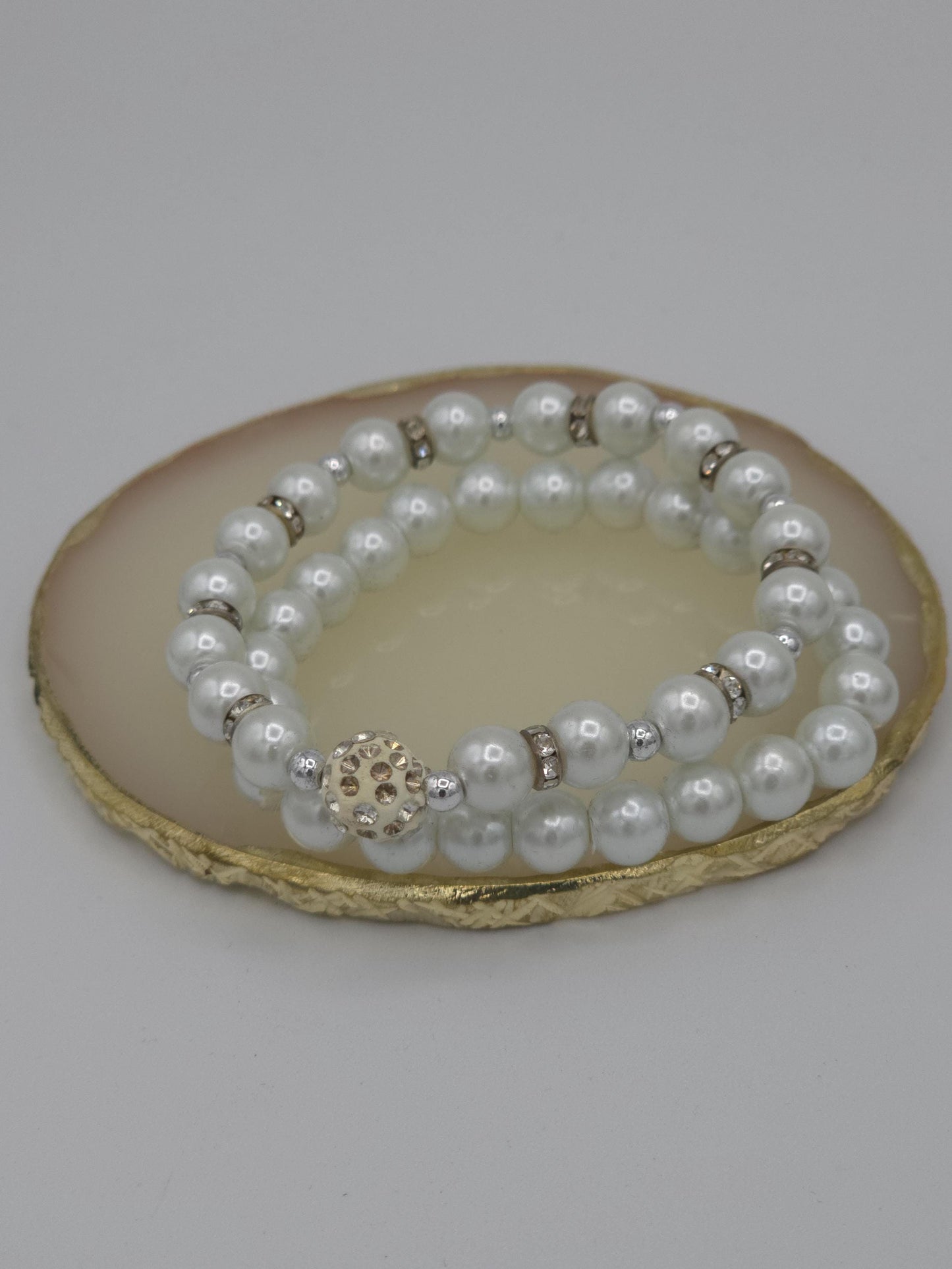 White Pearl Bracelet Stack | Rhinestone Accent Stretch Bracelets | Elegant Beaded Jewelry Set