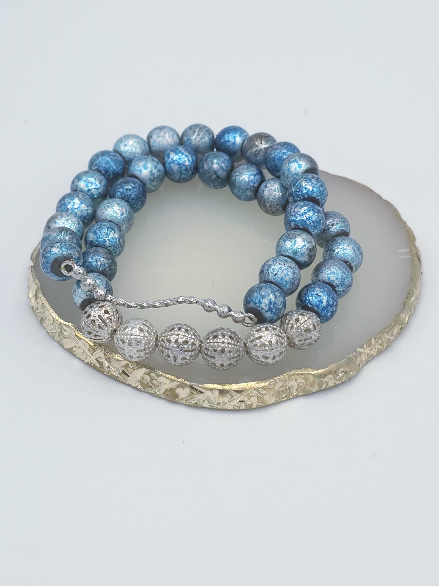 Blue Marble Beaded Bracelet with Silver Filigree | Handmade Stretch Bracelet