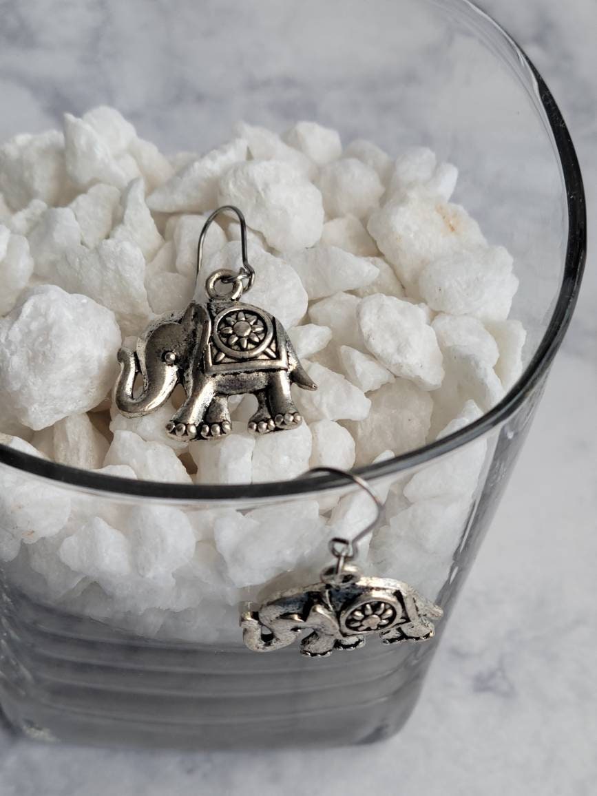 Silver Elephant Charm Earrings | Handmade Animal Jewelry | Symbolic Dangle Earrings