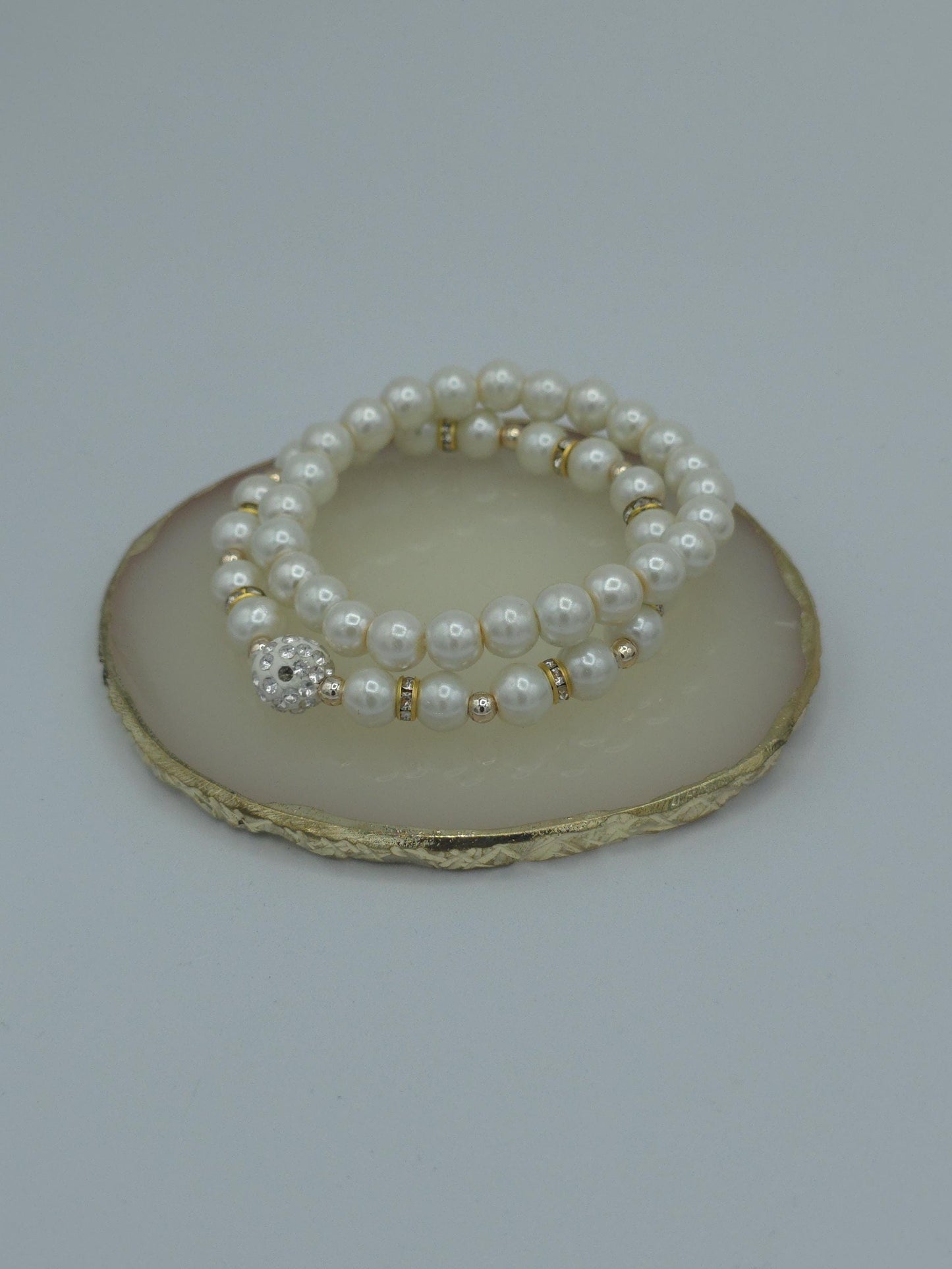 White Pearl Bracelet Stack | Rhinestone Accent Stretch Bracelets | Elegant Beaded Jewelry Set