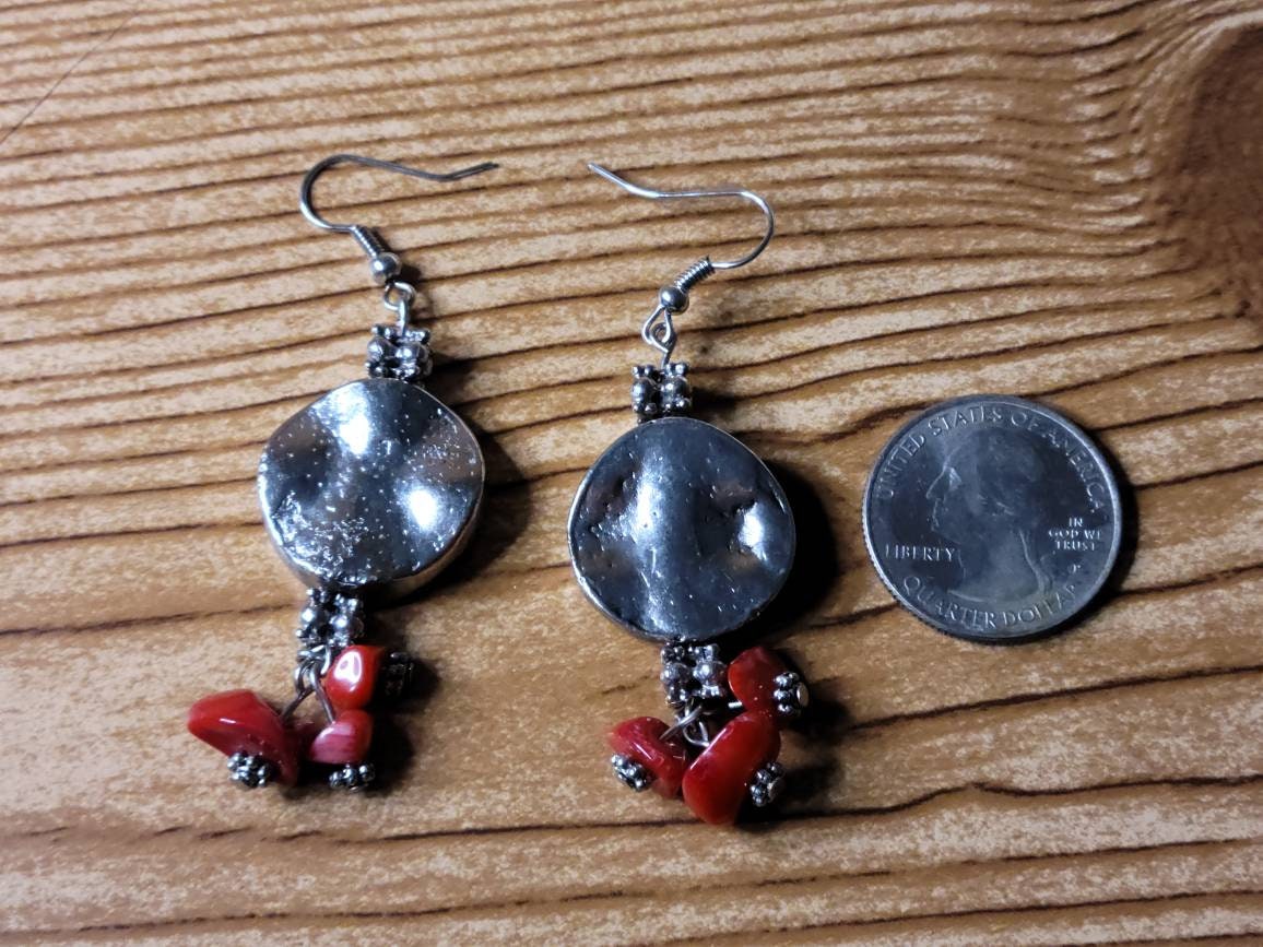 Silver Disc Earrings with Red Chip Beads | Handmade Statement Jewelry | Bold Dangle Earrings