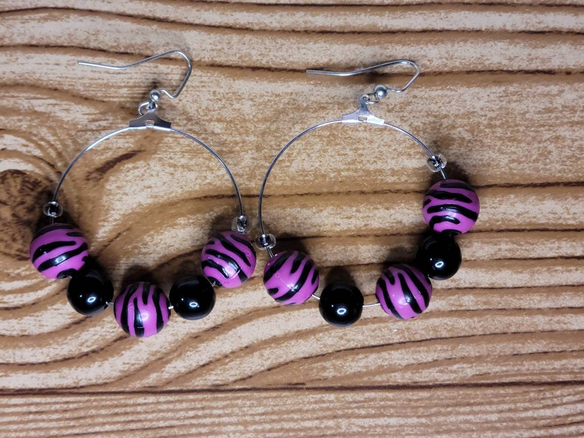 Purple and Black Zebra Bead Hoop Earrings | Bold Handmade Statement Hoops | Colorful Beaded Jewelry