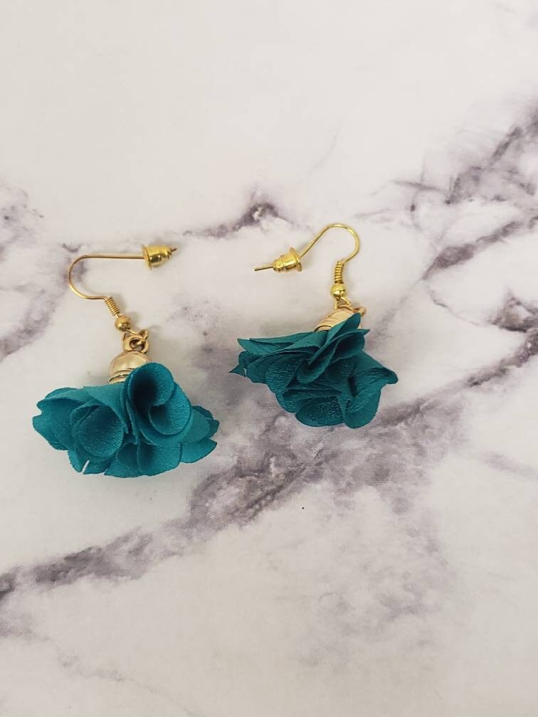 Fabric Flower Earrings | Purple Burgundy Turquoise Floral Earrings | Handmade Lightweight Dangle Jewelry