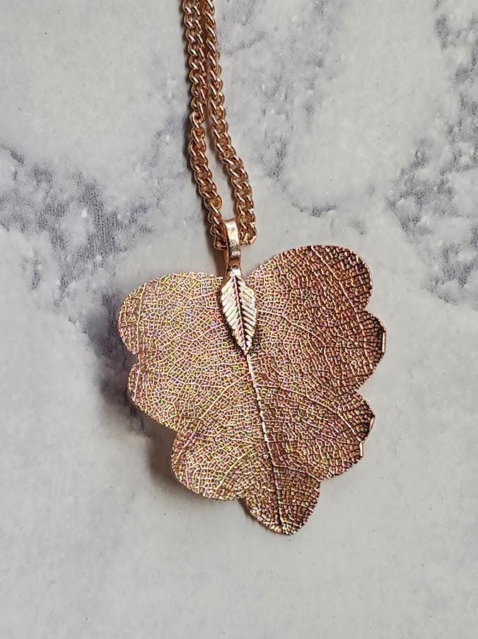 Rose Gold Leaf Pendant Necklace | 24 Inch Chain, Nature Inspired