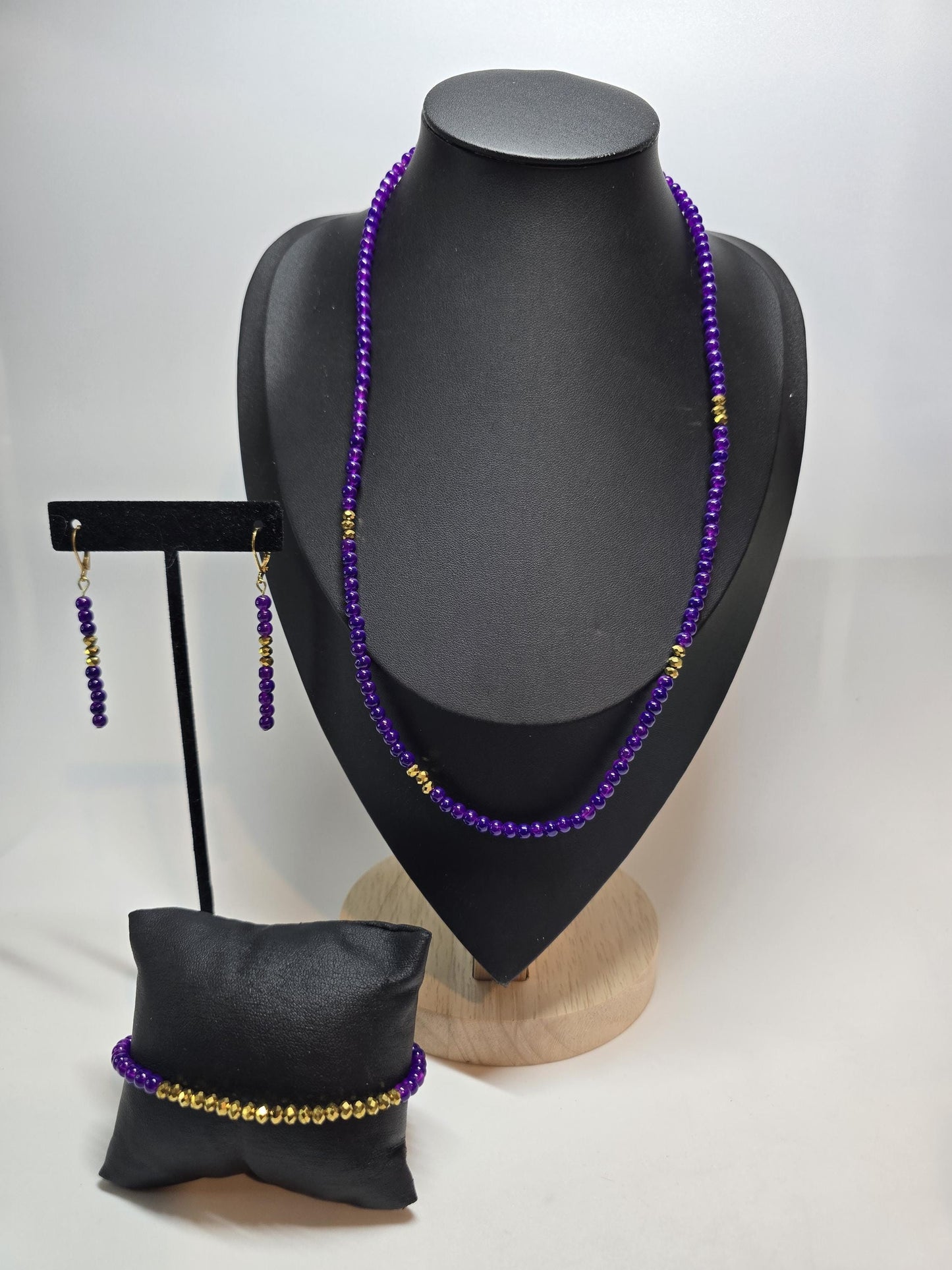 Purple Beaded Jewelry Set, Gold Accent Necklace, Bracelet, Earrings