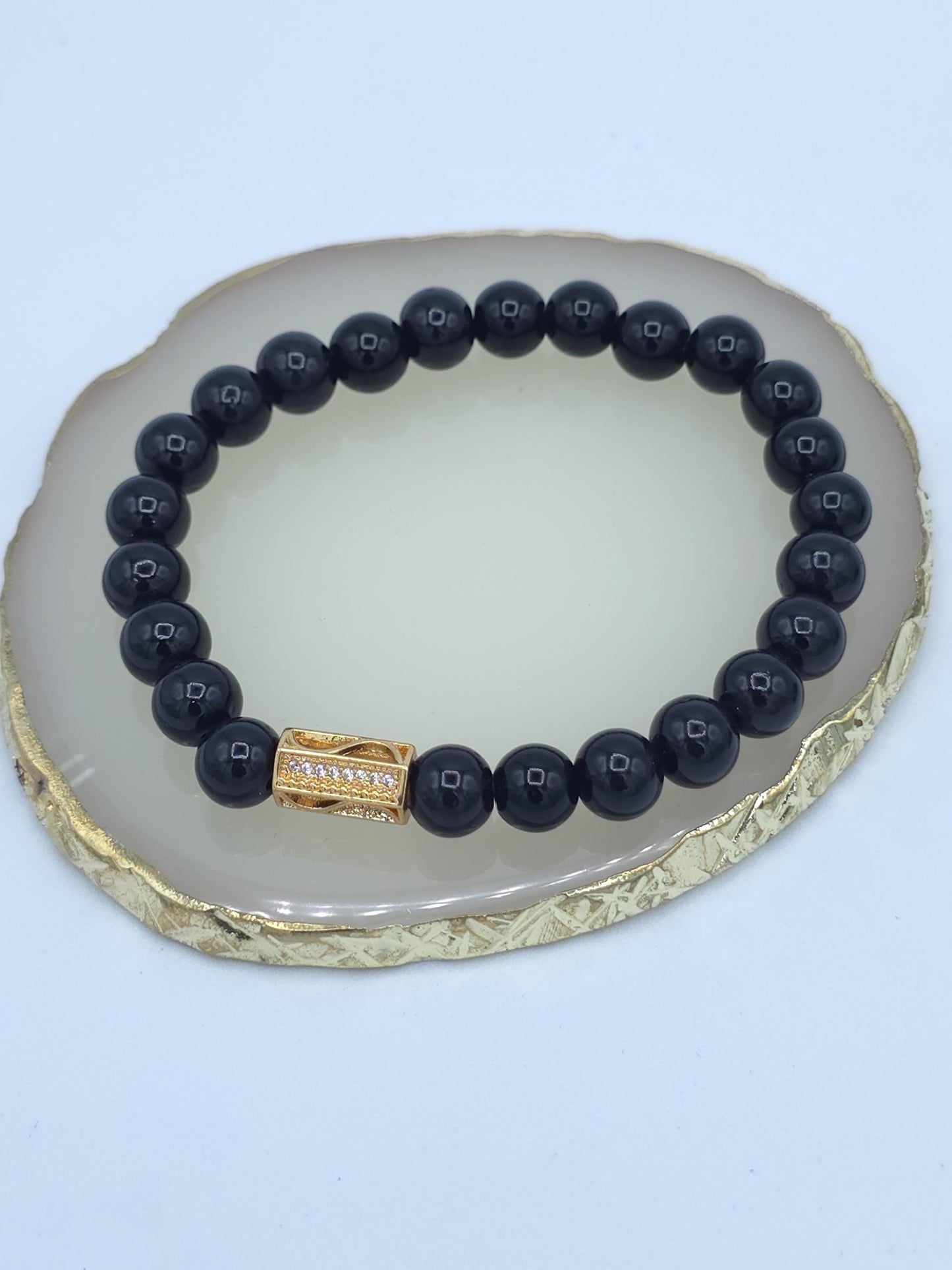 Black Beaded Stretch Bracelet | Gold Rhinestone Accent