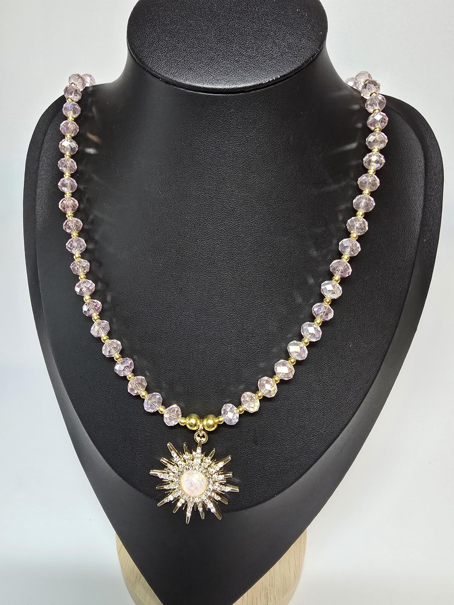 Pink Crystal Beaded Necklace, Gold Sunburst Pendant