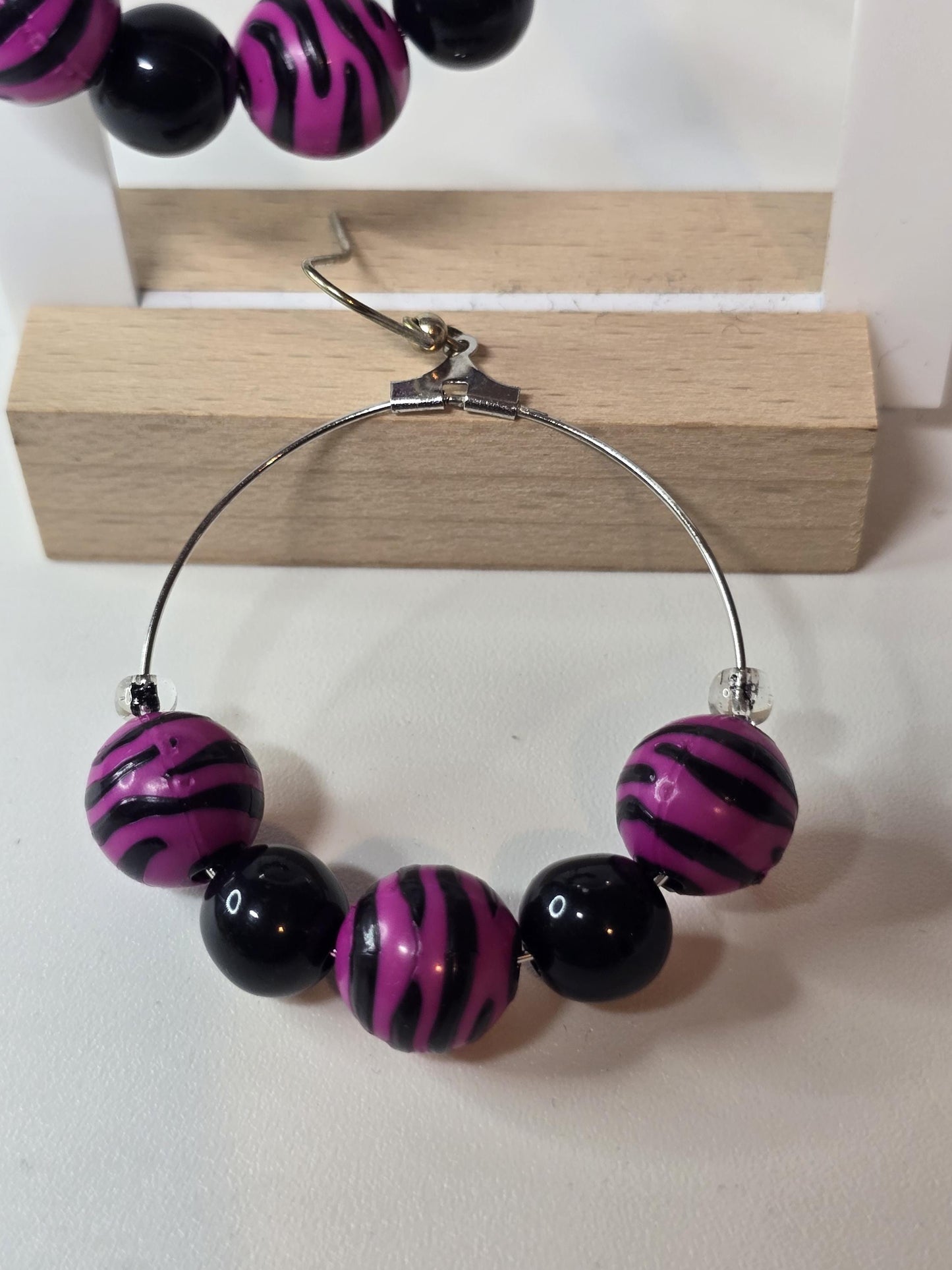 Purple and Black Zebra Bead Hoop Earrings | Bold Handmade Statement Hoops | Colorful Beaded Jewelry