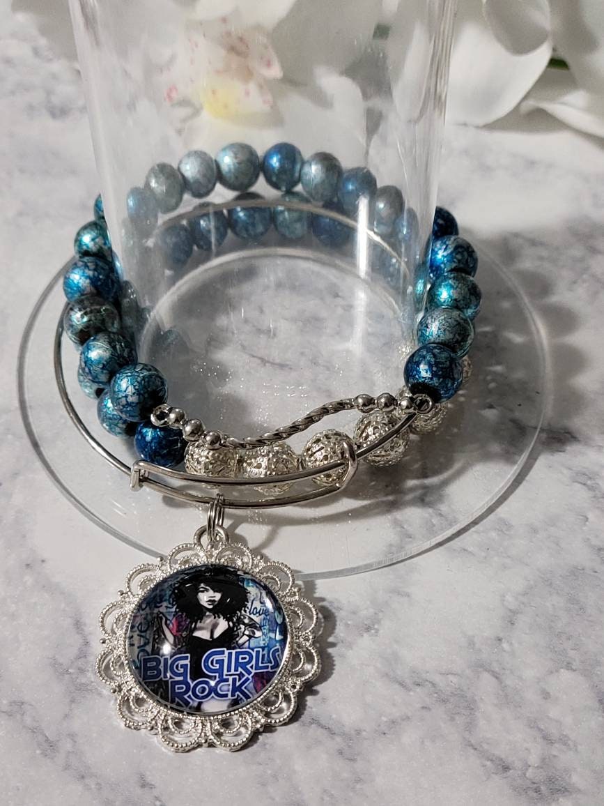 Bangle charm Bracelet/Blue Fluffy Girls Rock charm bracelet/Blue Bracelet Stack