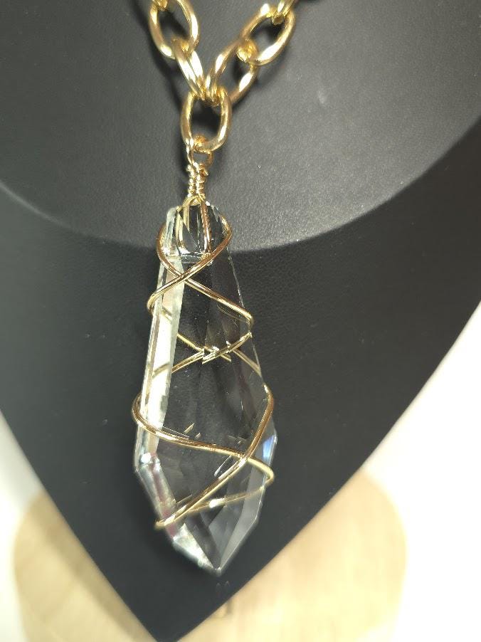 Faux Quartz Crystal Necklace, Gold Chain, Transparent Stone Pendant