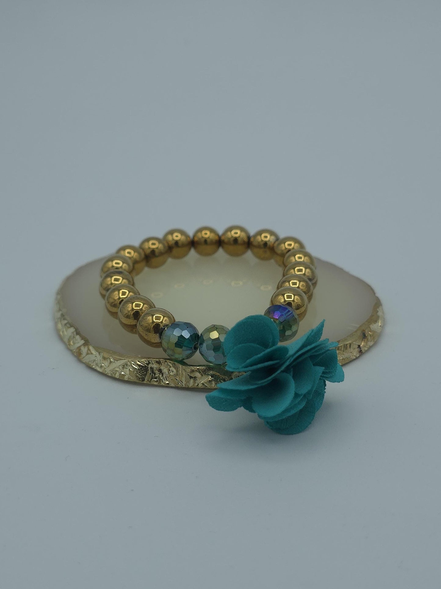 Gold Beaded Bracelet with Teal Flower | Statement Stretch Bracelet