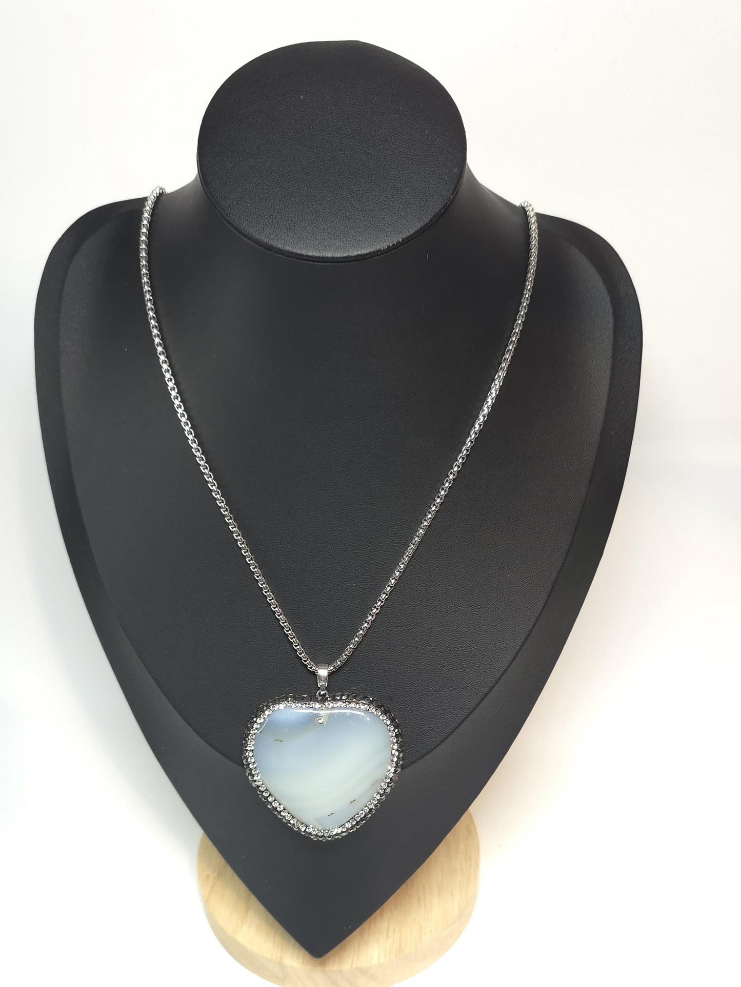 Opal Heart Pendant Necklace, Silver Chain, Crystal Accents