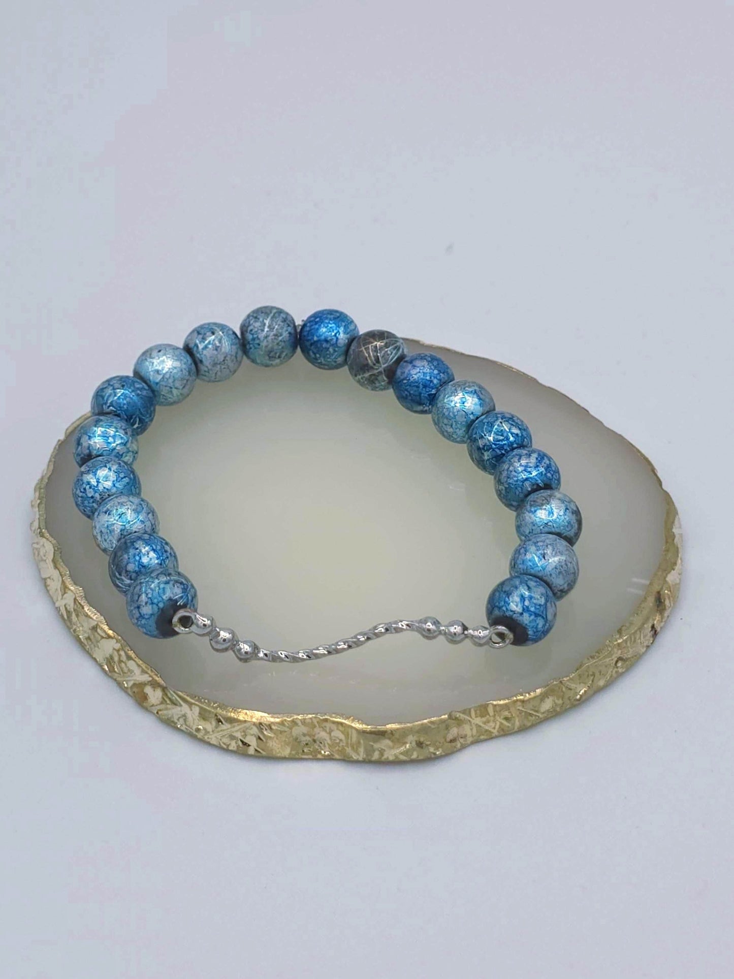 Blue Marble Beaded Bracelet with Silver Filigree | Handmade Stretch Bracelet