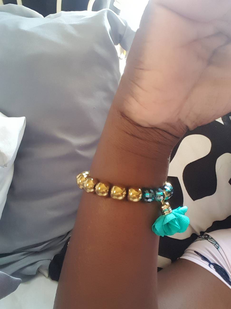 Gold Beaded Bracelet with Teal Flower | Statement Stretch Bracelet