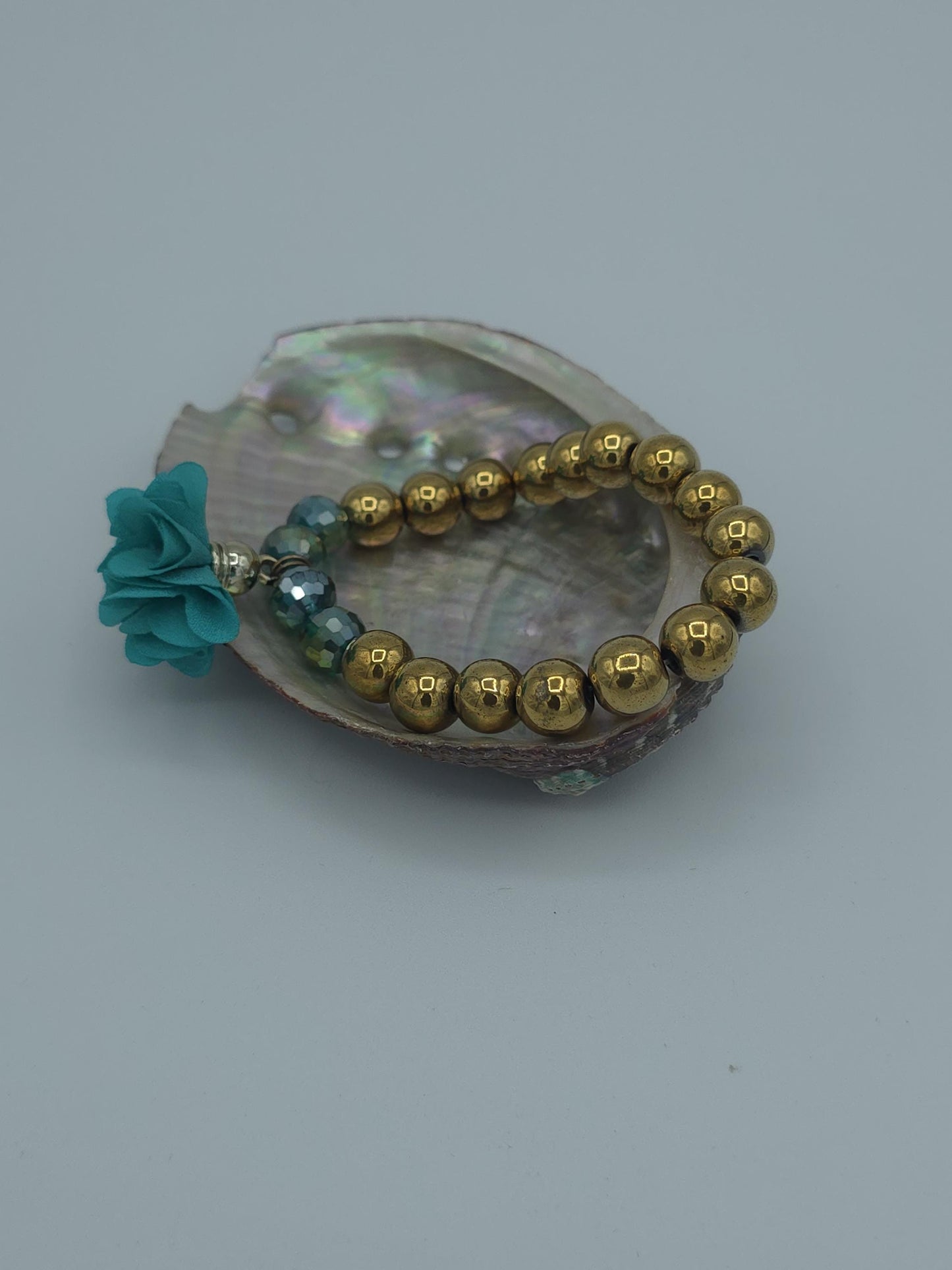 Gold Beaded Bracelet with Teal Flower | Statement Stretch Bracelet