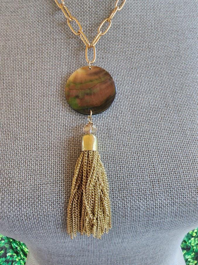 Mother of Pearl Necklace with Gold Tassel | Coastal Statement Jewelry