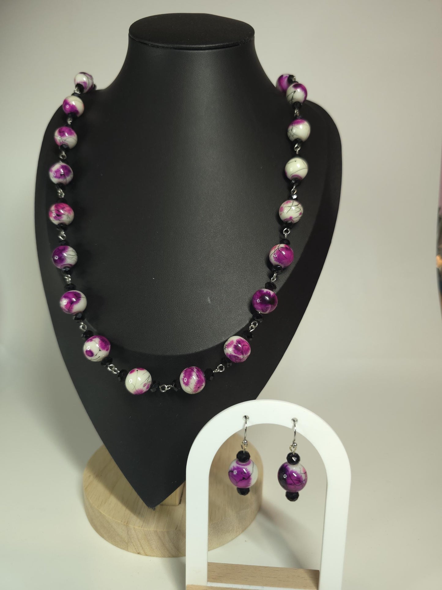 Purple & White Beaded Necklace Set – Handmade Statement Jewelry – One of a Kind Necklace and Earrings