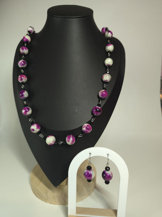 Purple & White Beaded Necklace Set – Handmade Statement Jewelry – One of a Kind Necklace and Earrings