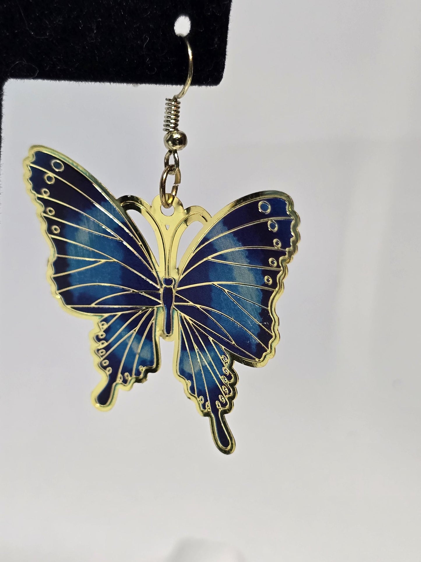 Blue Butterfly Earrings, Bold Enamel Statement Earrings, Colorful Gold Trim Jewelry