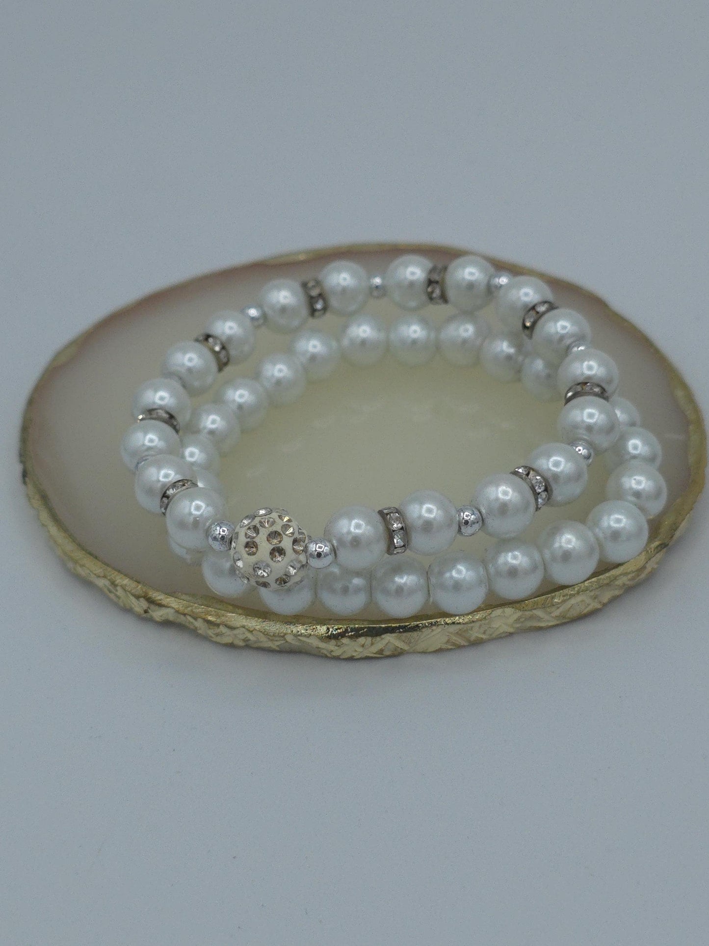 White Pearl Bracelet Stack | Rhinestone Accent Stretch Bracelets | Elegant Beaded Jewelry Set