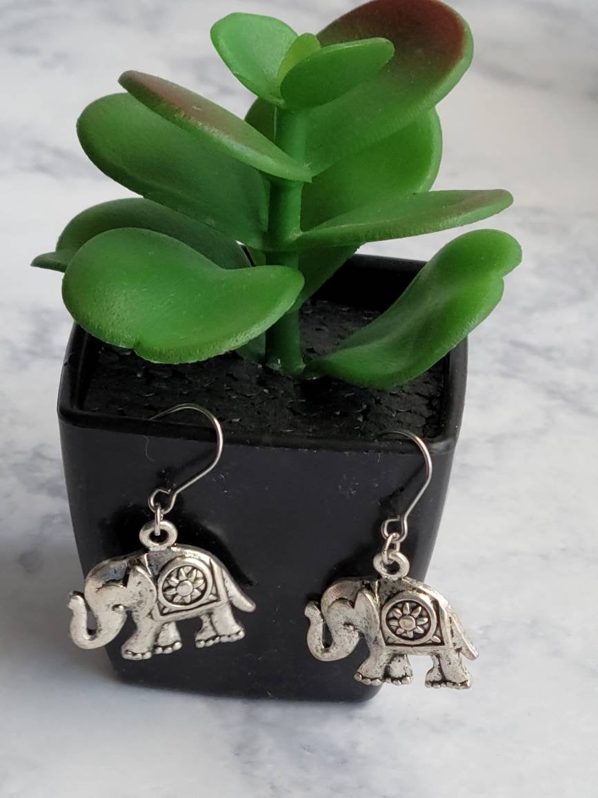 Silver Elephant Charm Earrings | Handmade Animal Jewelry | Symbolic Dangle Earrings