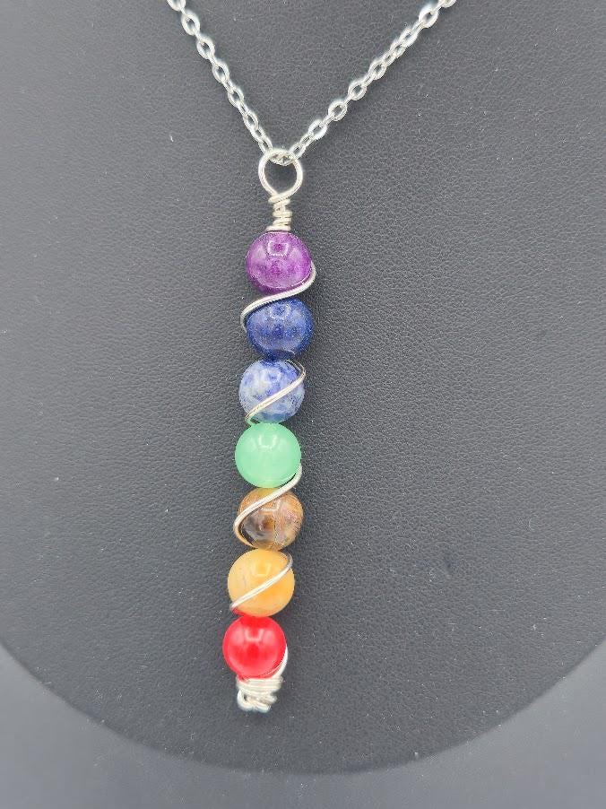 7 Chakra Gemstone Pendant Necklace | Silver Wire-Wrapped Healing Jewelry