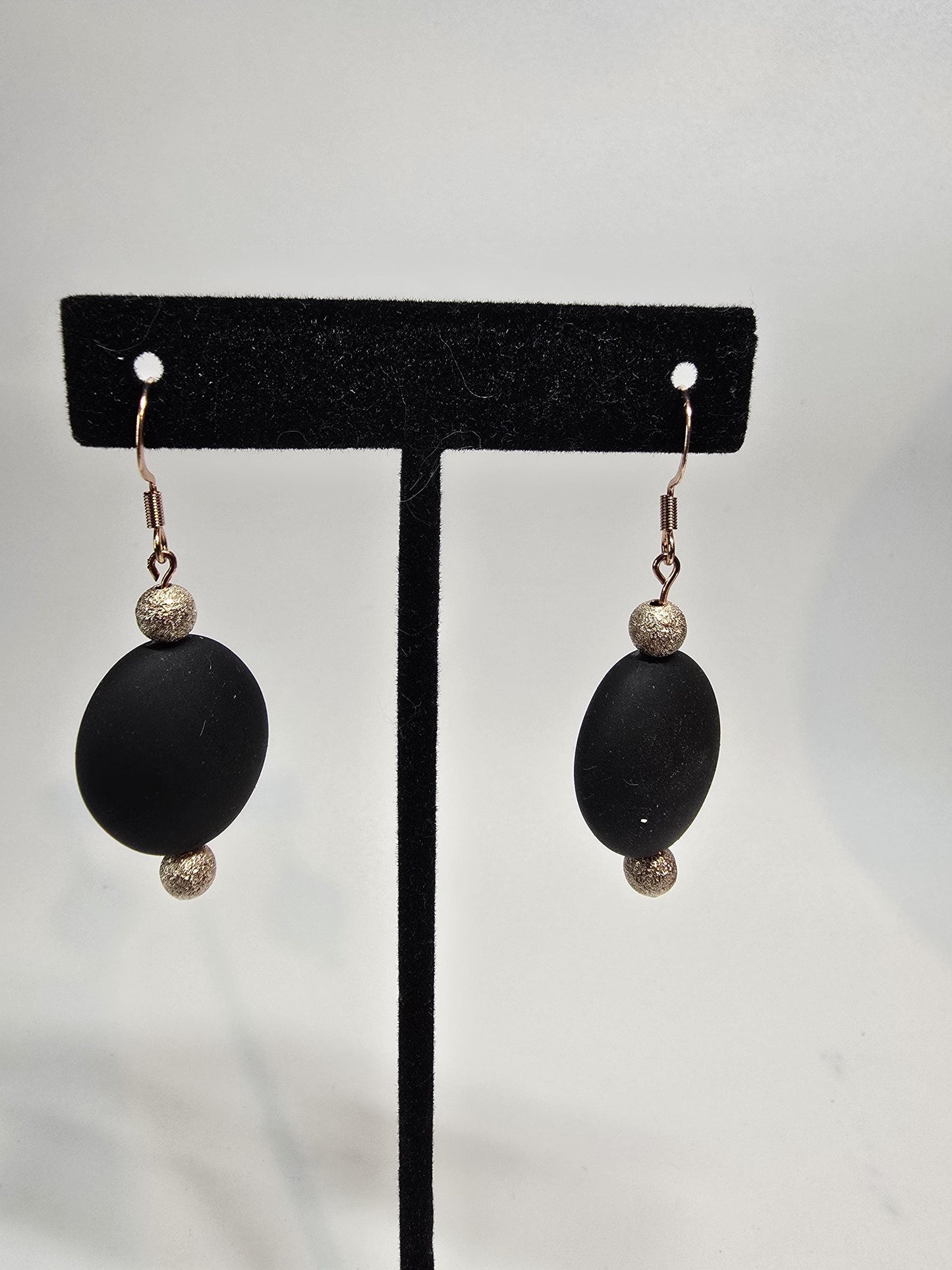 Matte Black Beaded Jewelry Set, Gold Accent, Statement Necklace, Bracelet & Earrings