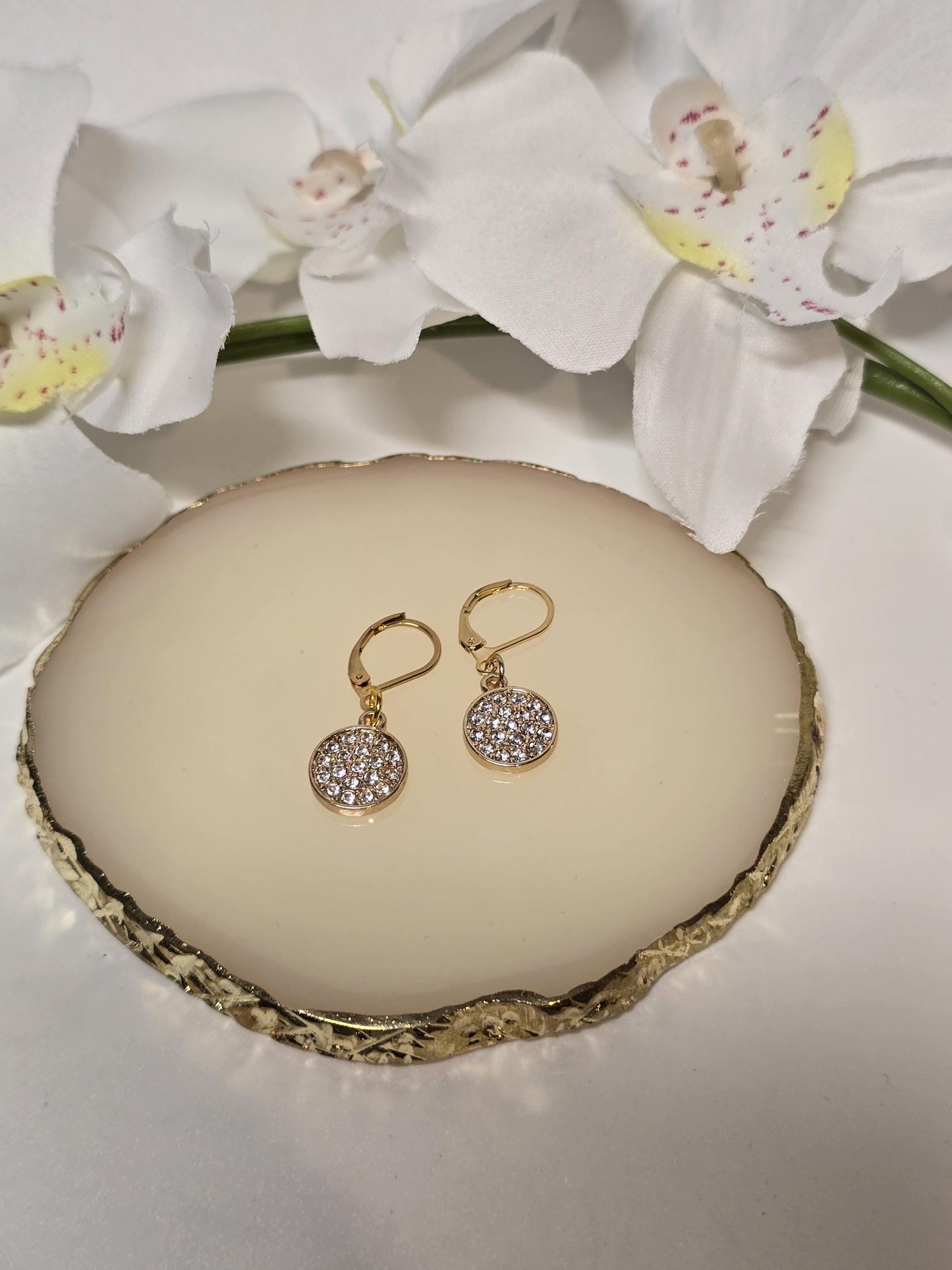 Gold Crystal Disc Earrings, Sparkly Leverback Earrings, Elegant Minimalist Jewelry for Women