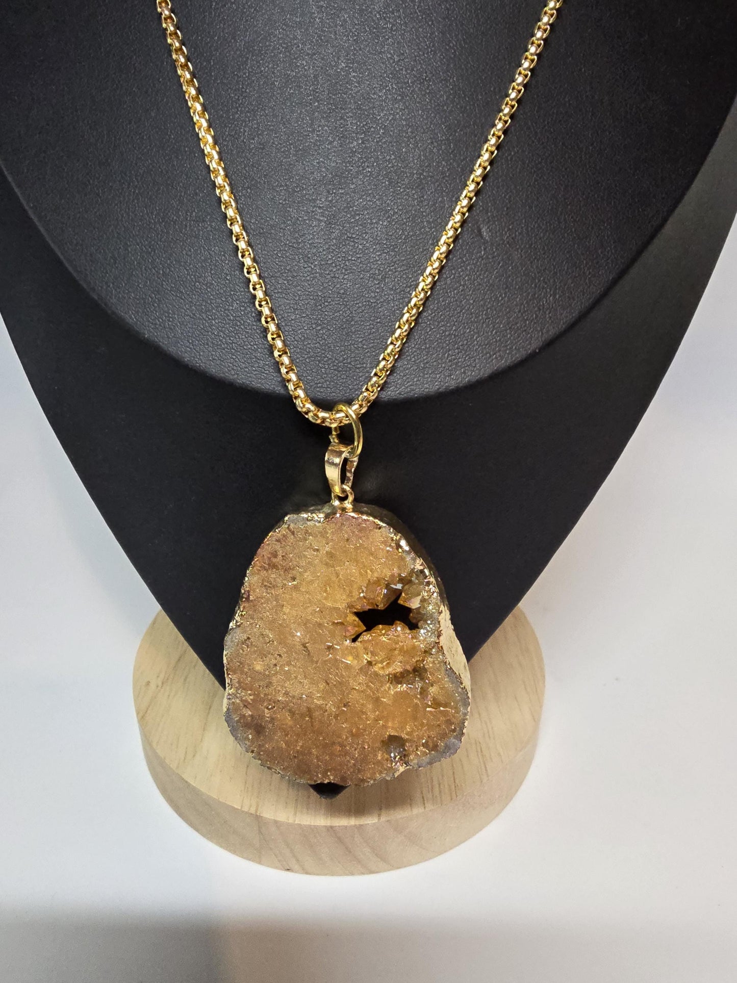 Peach Druzy Pendant Necklace, Iridescent Crystal, Gold Chain
