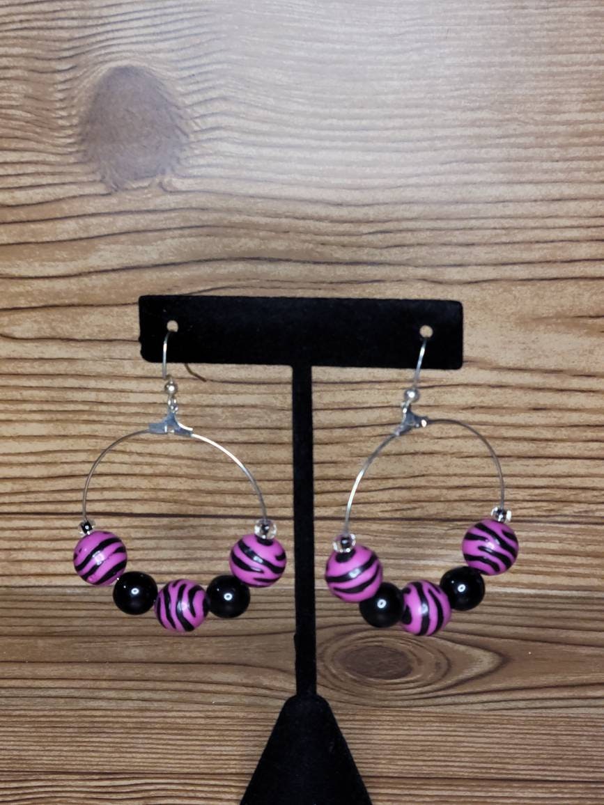 Purple and Black Zebra Bead Hoop Earrings | Bold Handmade Statement Hoops | Colorful Beaded Jewelry