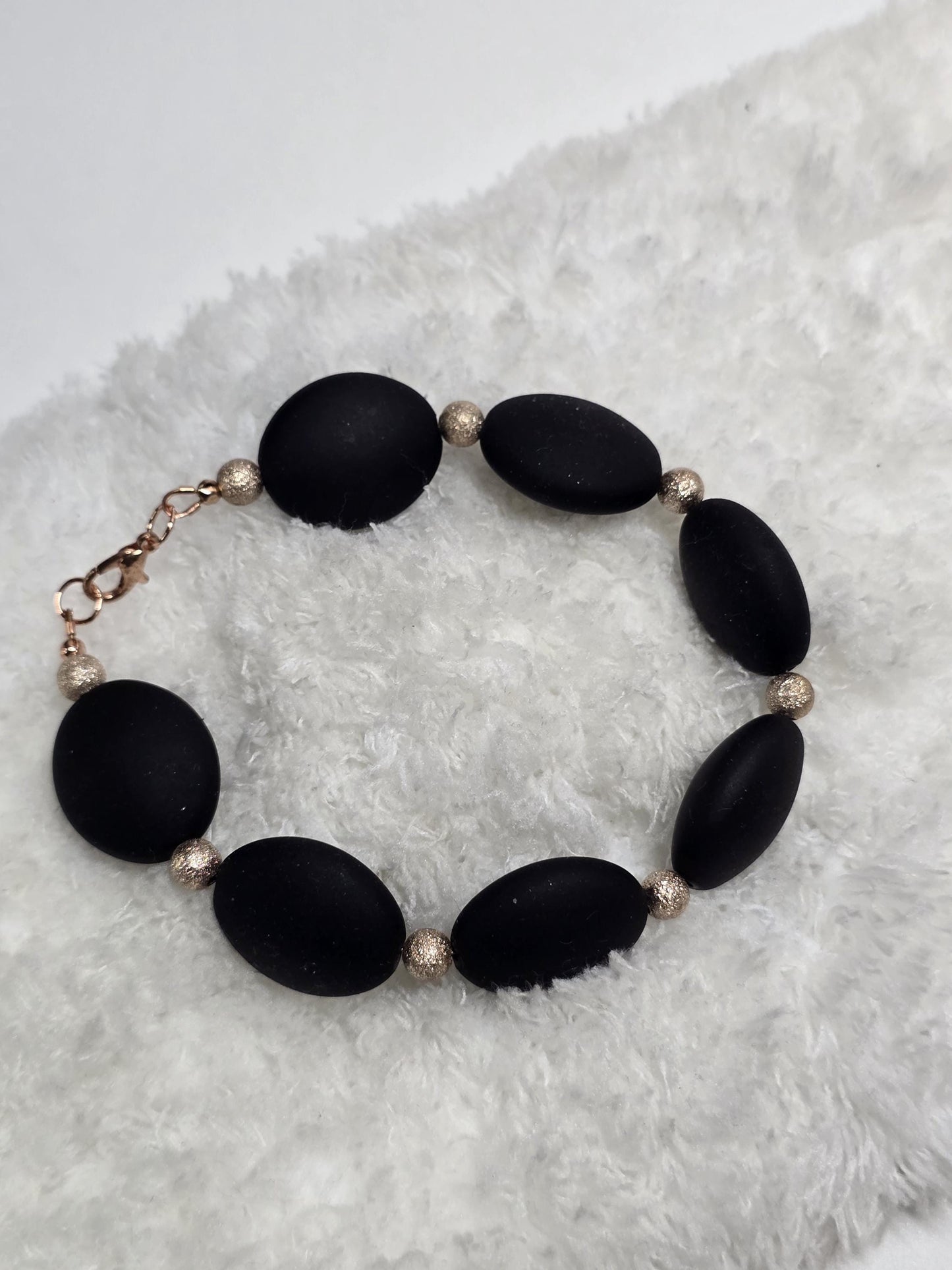 Matte Black Beaded Jewelry Set, Gold Accent, Statement Necklace, Bracelet & Earrings