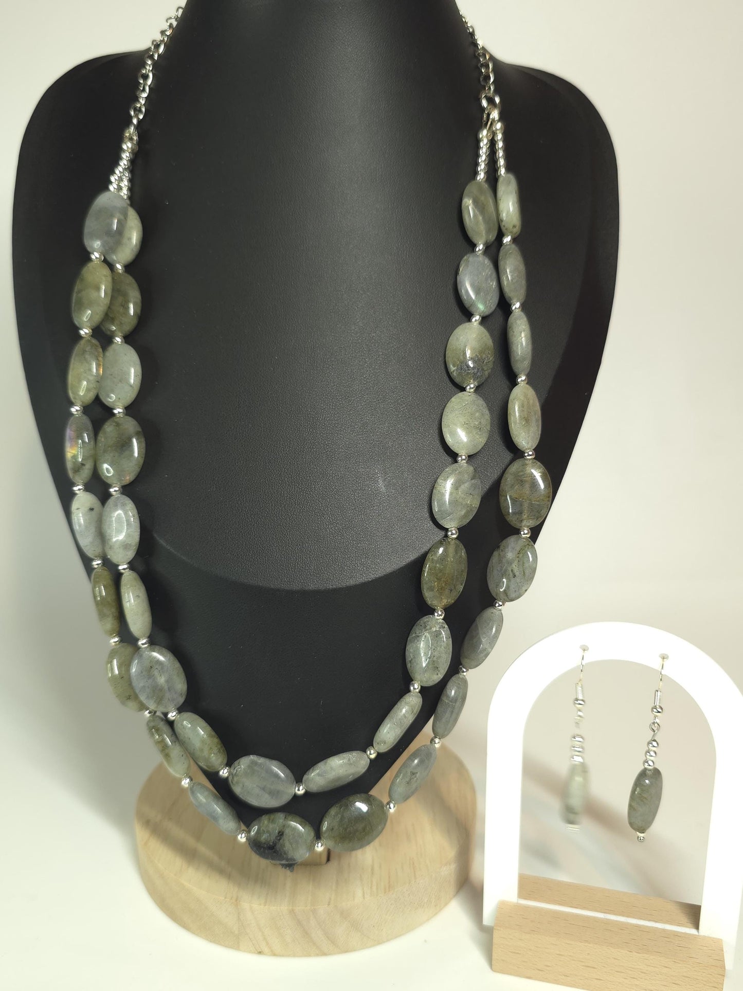 Double-Strand Labradorite Necklace Set (Necklace + Earrings + Bracelet)