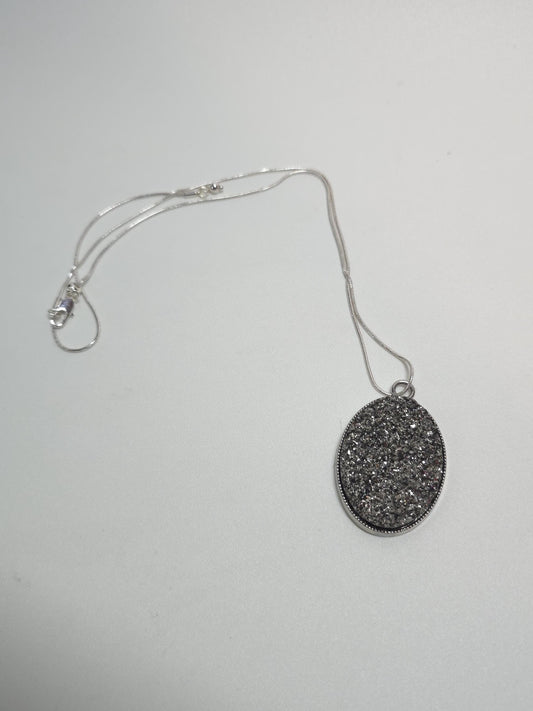 Silver Druzy Pendant Necklace, Oval Glitter Stone, Modern Glam