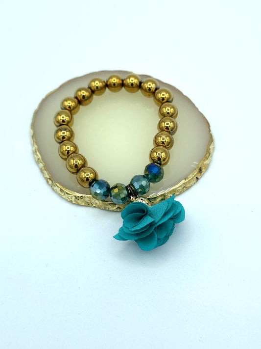 Gold Beaded Bracelet with Teal Flower | Statement Stretch Bracelet
