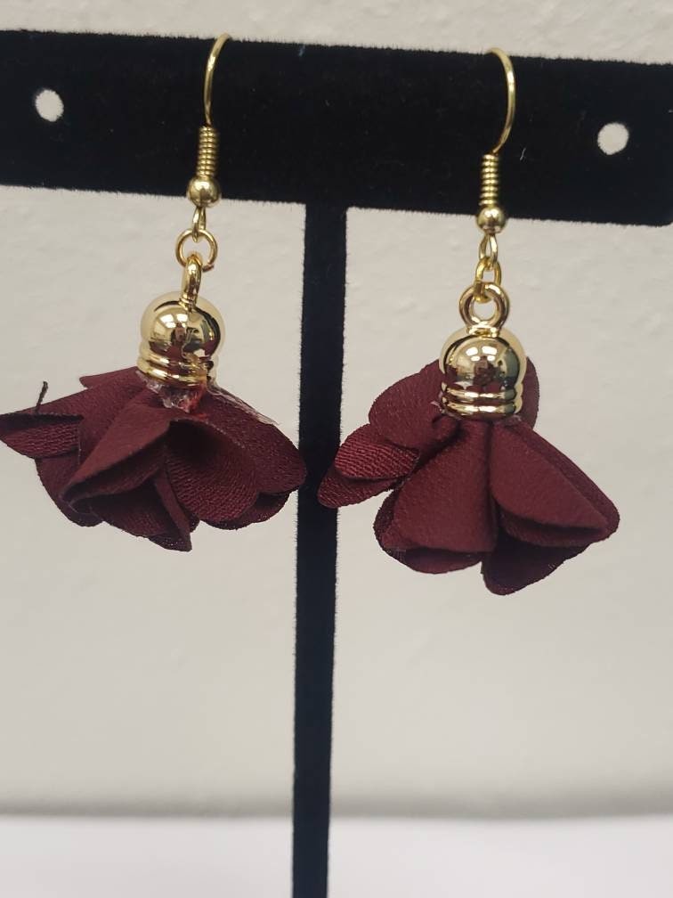 Fabric Flower Earrings | Purple Burgundy Turquoise Floral Earrings | Handmade Lightweight Dangle Jewelry