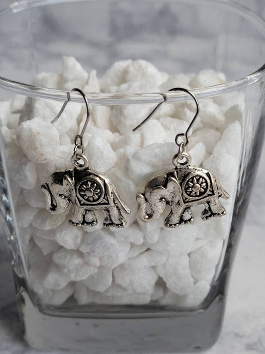 Silver Elephant Charm Earrings | Handmade Animal Jewelry | Symbolic Dangle Earrings