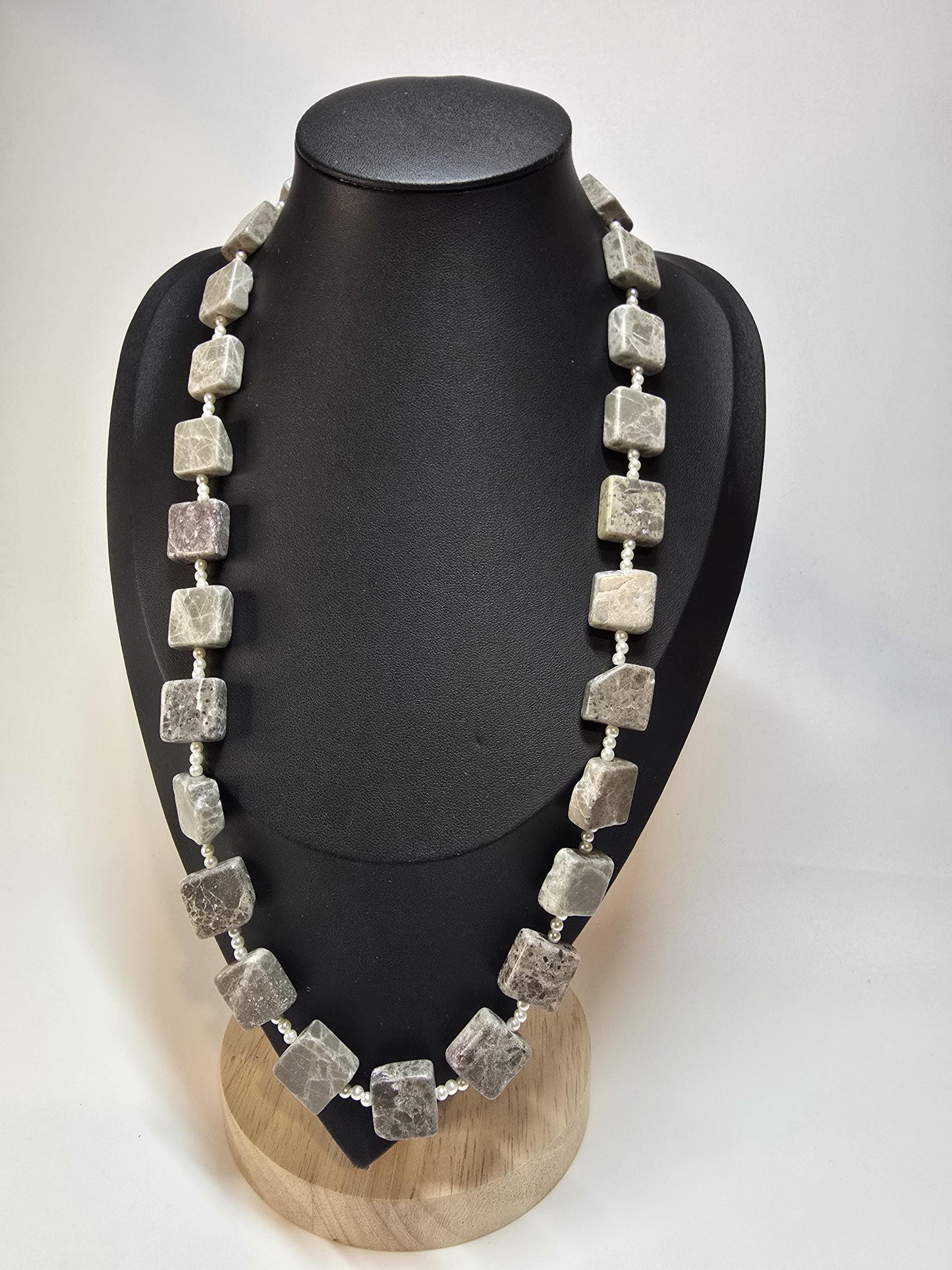 Gray Stone Beaded Necklace – 24 Inch Statement Jewelry