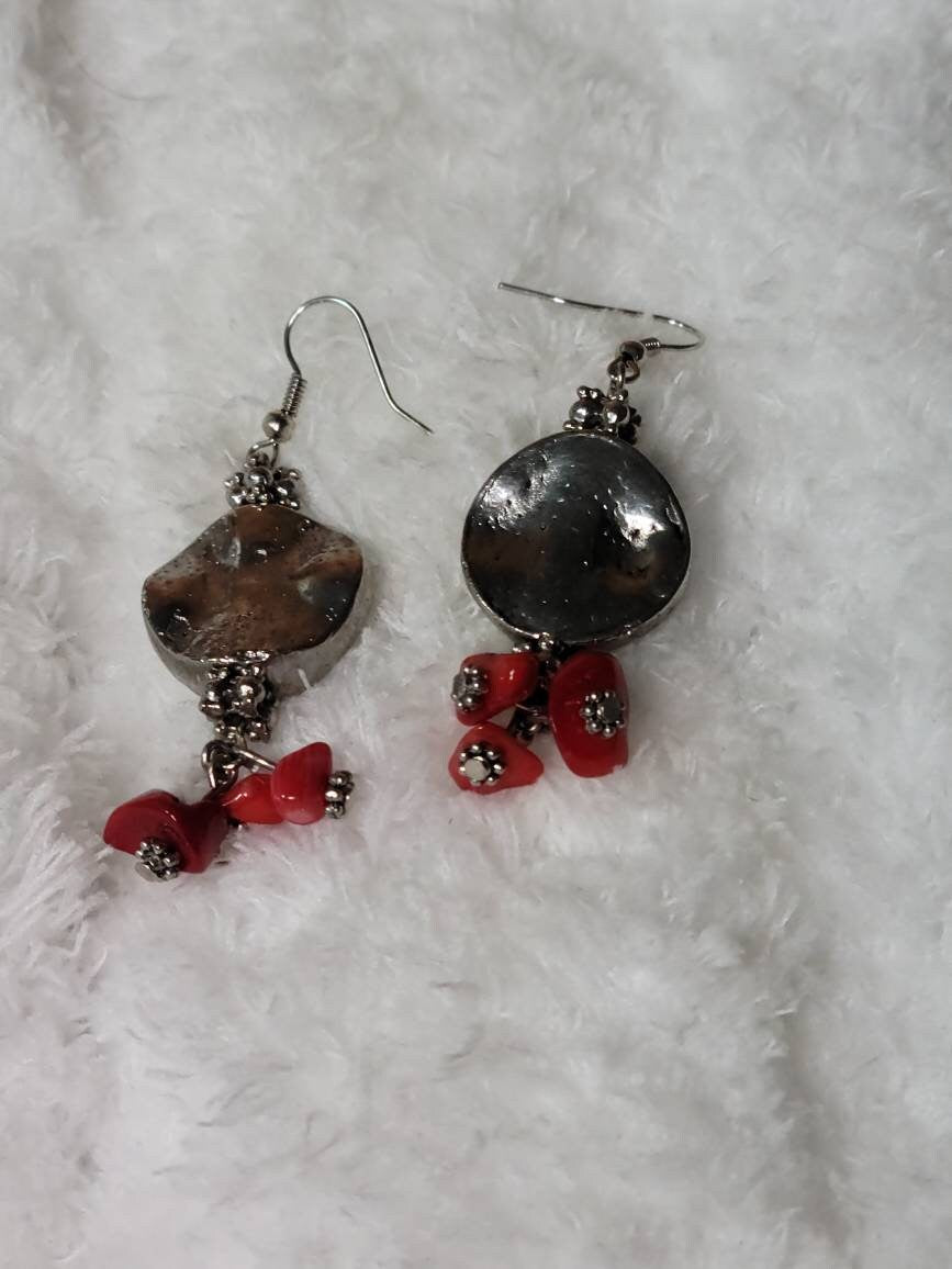 Silver Disc Earrings with Red Chip Beads | Handmade Statement Jewelry | Bold Dangle Earrings