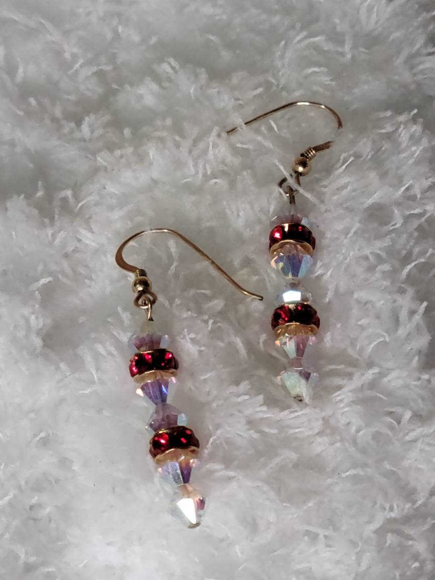 Gold Red Crystal Earrings | Handmade Dangle Earrings | Sparkle Jewelry