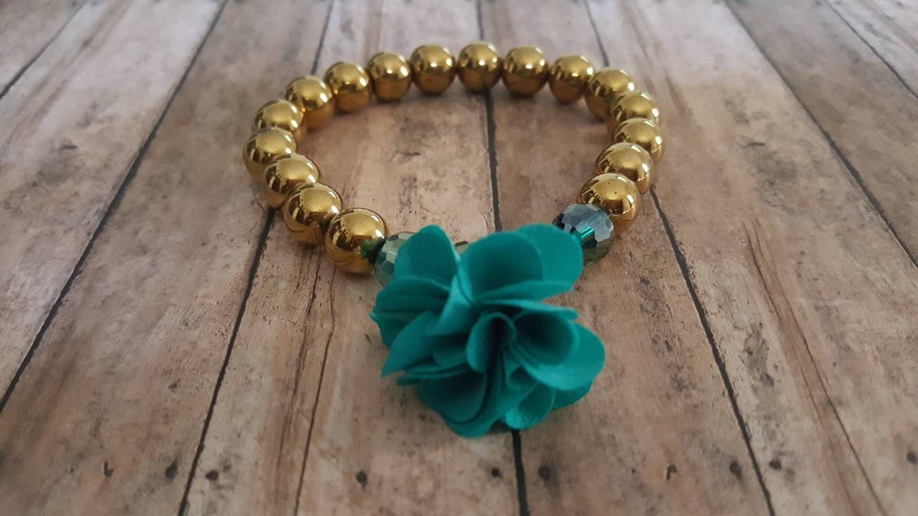 Gold Beaded Bracelet with Teal Flower | Statement Stretch Bracelet