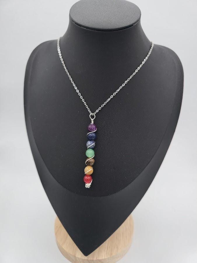 7 Chakra Gemstone Pendant Necklace | Silver Wire-Wrapped Healing Jewelry