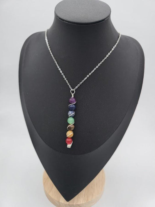 7 Chakra Gemstone Pendant Necklace | Silver Wire-Wrapped Healing Jewelry