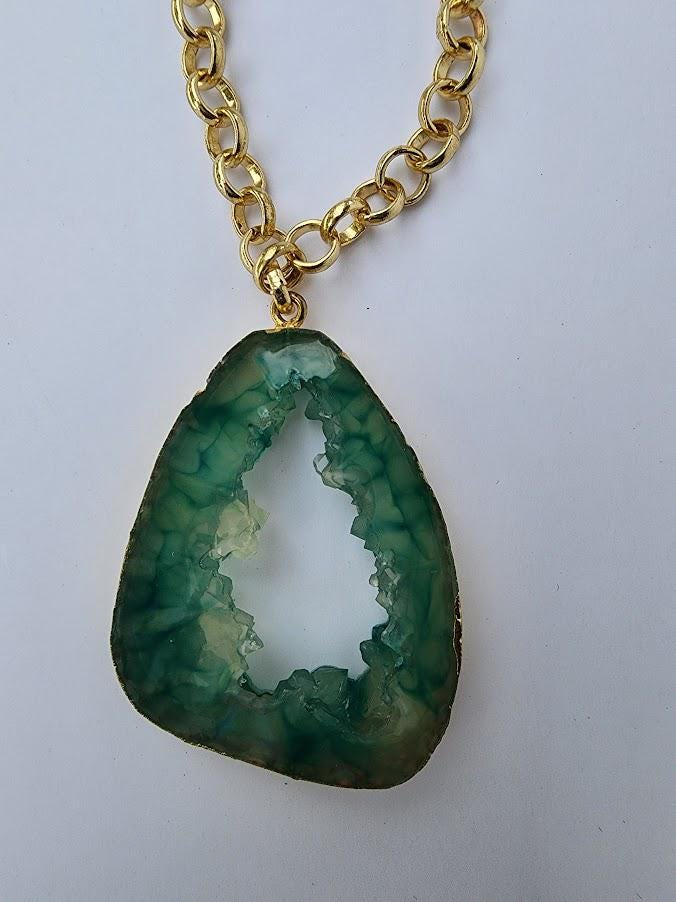 Green Resin Geode Pendant Necklace | Gold-Tone Chain, Statement Jewelry