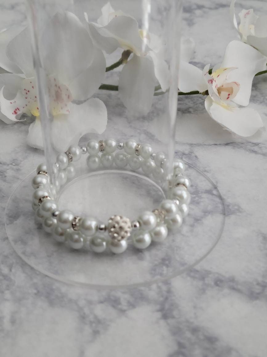 Handmade White Pearl Double Strand Bracelet | Rhinestone Spacers