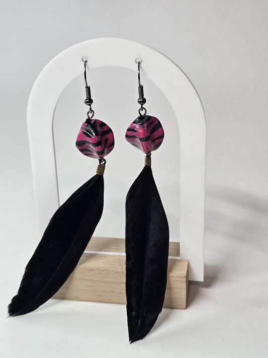 Pink Zebra Bead and Black Feather Earrings | Handmade Feather Dangles | Bold Statement Jewelry